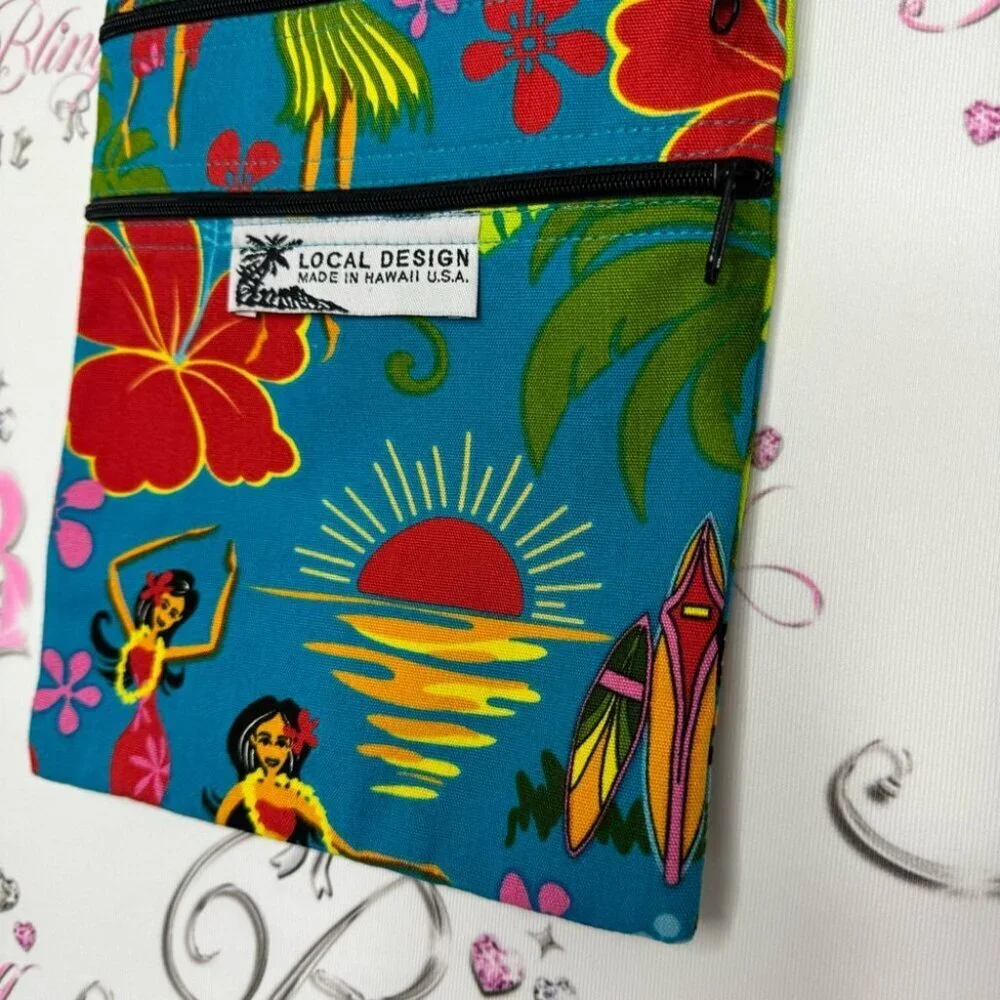 Hawaii bag beach dual zipper blue Hawaiian ladies dancers flowers blue vacay